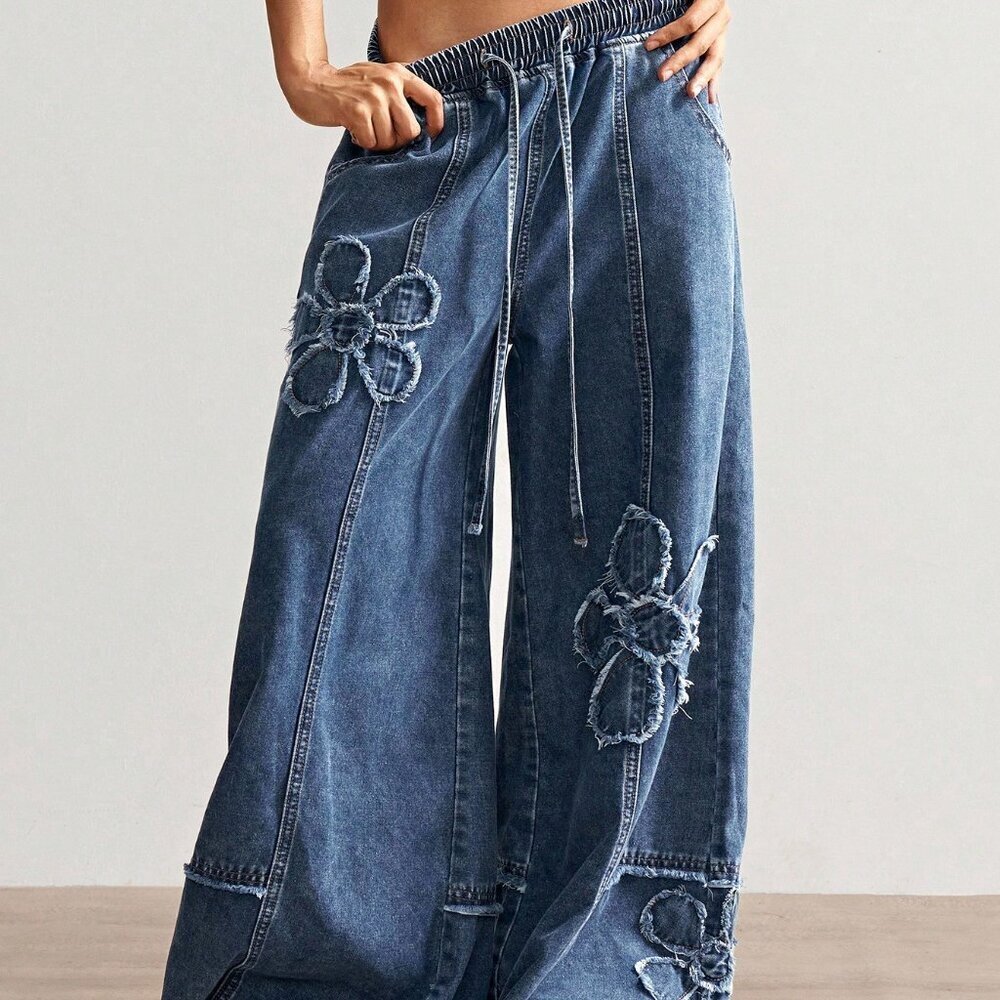 Dark Wash Women's Plus Size Casual Floral Print Drawstring Waist Wide Leg Pants - Picture 8 of 8